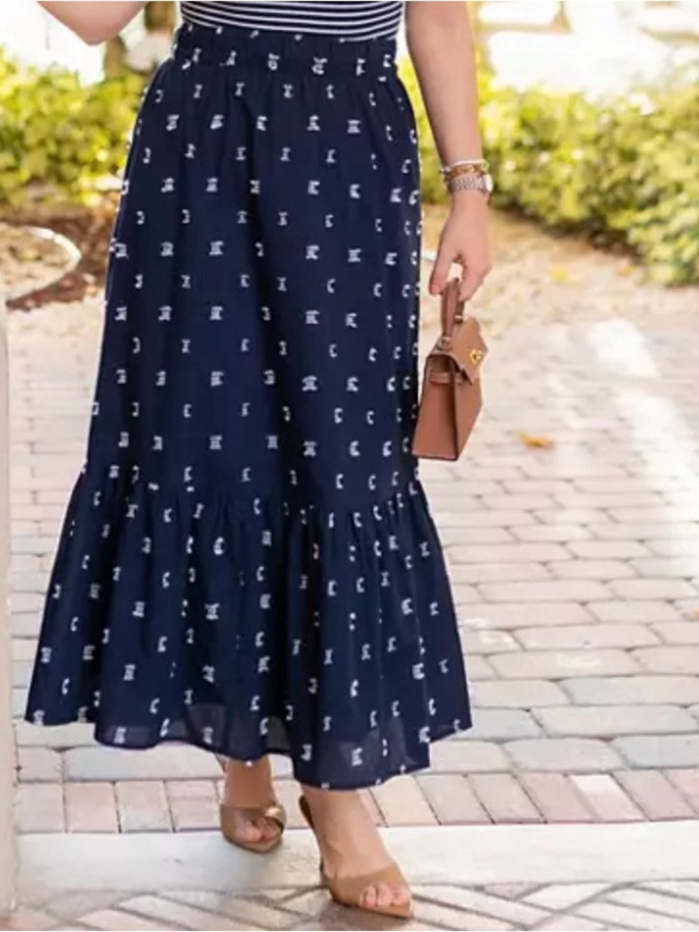 LOFT Navy Printed Ruffle-Hem Maxi Skirt